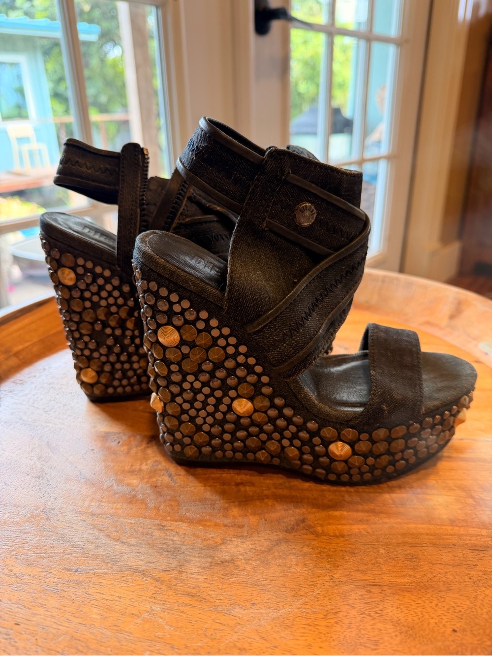 Diesel blue jeans Wedge Sandals with Bronze Stud Accents